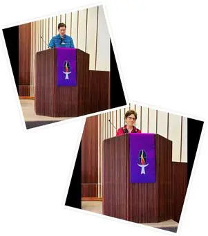 Two pictures of a person at the podium