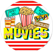 A red and white striped background with movie tickets, popcorn, soda and chocolate.