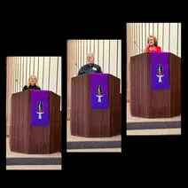 Three pictures of a woman and man at the podium.