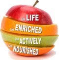 A red apple with the words life, enrich, actively and nourished on it.