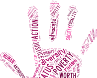 A pink hand print with many small pieces of paper.