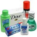 A variety of personal care items are arranged in a group.